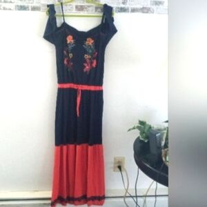 Floral Embroidered Blue and Red Maxi Dress